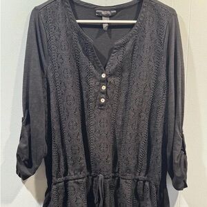Staccato Black Crochet-Front Henley Tunic